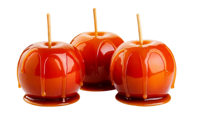 Three glossy caramel apples, with wooden sticks dripping with rich brown caramel sauce, isol 