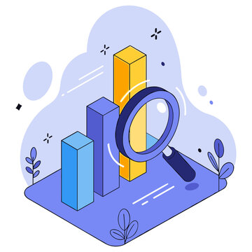 Magnifying glass analyzing colorful bar graph in blue theme