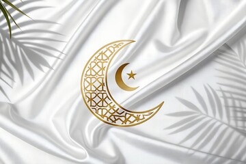 Bright and airy background for Ramadan, white silk fabric drapes, a golden crescent moon icon