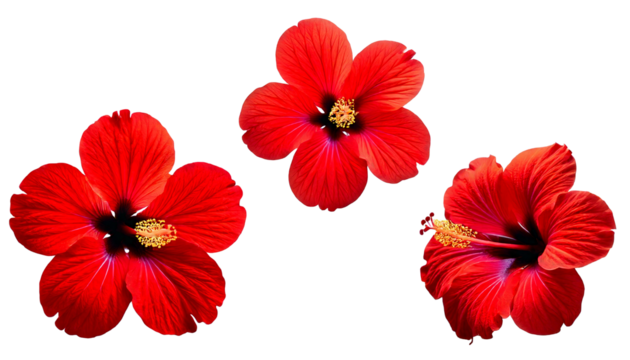 Three vibrant red hibiscus flowers with yellow stamens, isolated on a white or transparent b.png - Powered by Adobe