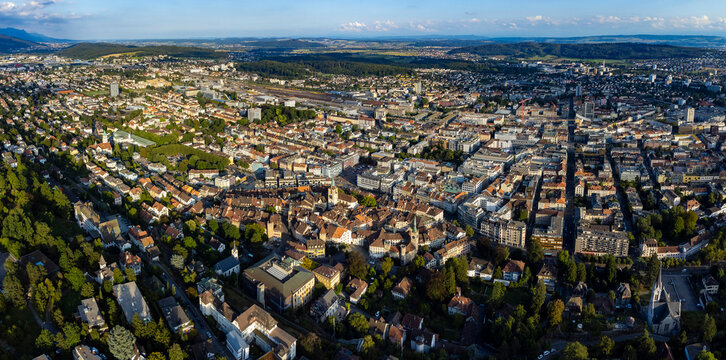 Aerial view around the old town of Biel/Bienne in Switzerland on a sunny day in summer.