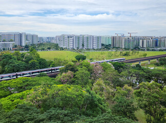 Fototapeta premium A train passed by the Sun Plaza Park, Tampines heartland district during bloom season - Singapore.