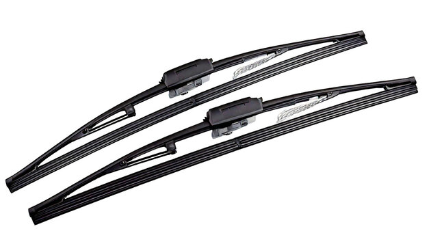 Two dark grey car windshield wiper blades, with angled diagonally on a, isolated on a transp 