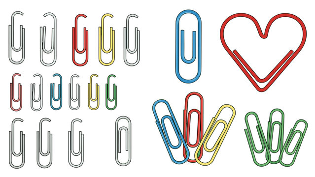 Paper Clips Assortment, Colorful Metallic Clip Collection for Office, Heart Shaped, Realistic Flat Vector Illustration isolated on transparent background