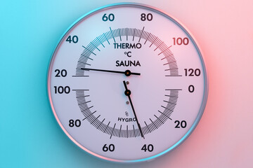 Large round sauna thermometer and hygrometer illuminated in blue and purple. High resolution.