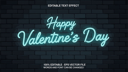 Obraz premium Happy Valentine's Day neon sign text effect with glowing blue script lettering on a dark black brick wall background.