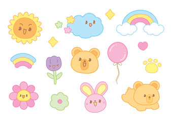 Adorable kawaii style cartoon icons featuring bears bunnies sun cloud rainbow and flowers.
