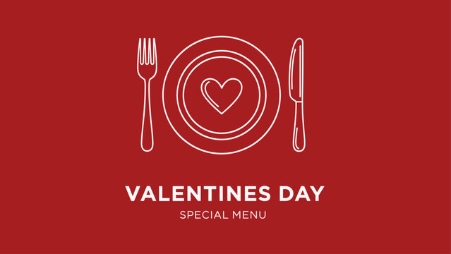 Valentines Day special menu background with white line art plate fork and knife on a deep red elegant background illustration.