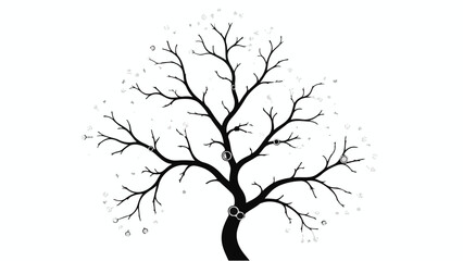 Obraz premium Bare tree silhouette with falling leaves on white background, symbolizing autumn or winter season change, nature and minimalism concept