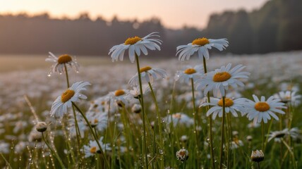 White Daisies with Morning Dew in Golden Dawn Light