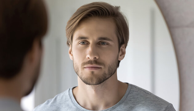 Young man looking at his reflection in a mirror in a bathroom during the day, focused on his thoughts and feelings about himself