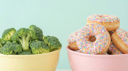  Healthy and unhealthy food, broccoli and donuts in pastel bowl.  Food choices, sugar, carbohydrates, weight loss, vegetables, fast food, fiber, vitamins concept.