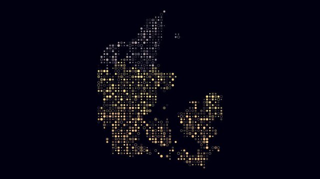 Denmark map animation. Shape of the country with pulsating colored dots. Small size circle blocks. Digital style Denmark map on dark background. Plain video.