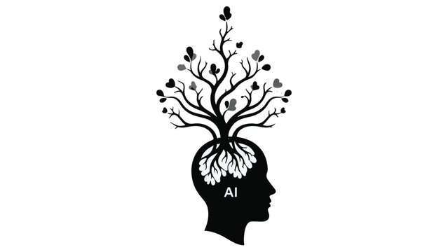 Artificial intelligence concept with human head and tree growing out of it, symbolizing innovation and technology in modern business and creative industries