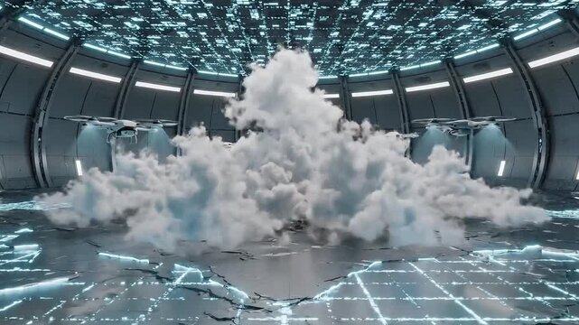 Futuristic data center simulation showing cloud computing explosion inside digital laboratory environment representing artificial intelligence systems. Futuristic cloud computing simulation 