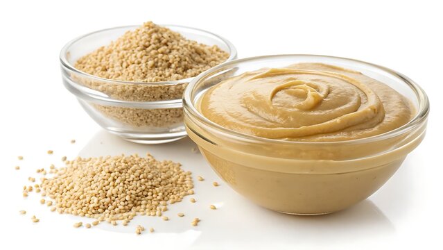 Creamy tahini sesame paste served in a clear glass bowl, isolated on white for clean food photography.