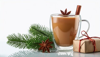Festive Christmas Drink With Gift And Star Anise And Evergreen Branch On White Background