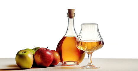 Calvados Brandy and red apples, glass amber colored apple liqueur served in cut-crystal glass beside decorative bottle fresh apples on rustic wooden table