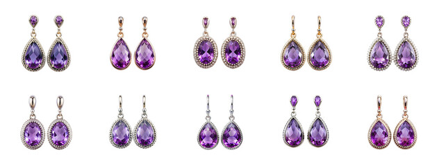 Collection of Amethyst earings isolated on transparent background