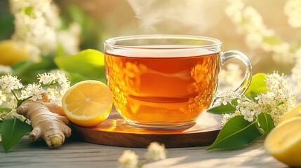 A transparent glass cup linden herbal tea infused with delicate white blossoms and a green leaf, set in soft natural garden scene with sunlight.