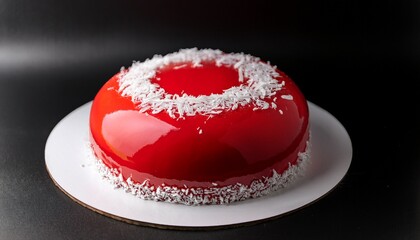 Round Cake In Red Glaze Decorated With Pieces Of Coconut On A Black Background