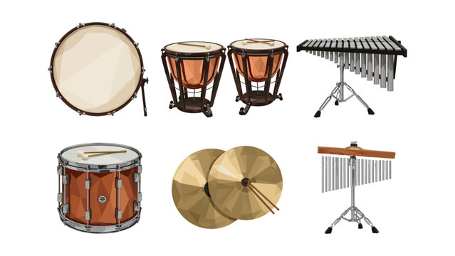 Geometric musical percussion instruments: drums, cymbals, and mallet percussion
