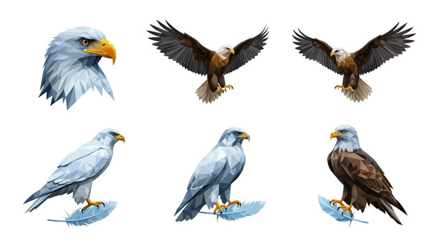 Geometric eagle art: low poly designs of majestic birds in flight and perched with feather details