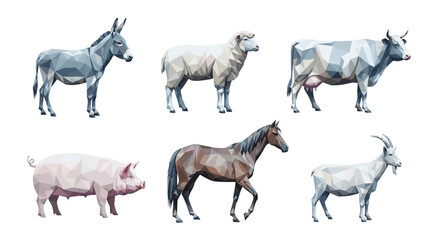 Fototapeta premium Low poly farm animals collection: donkey, sheep, cow, pig, horse, goat