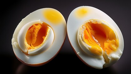 Sliced Open Boiled Eggs Showing Yolk And White Against A Black Background