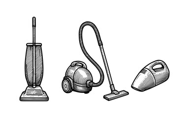 Vintage style drawing of upright, canister, and handheld vacuum cleaners