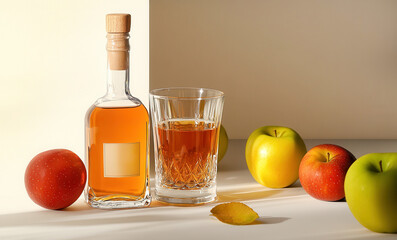 Calvados Brandy and red apples, glass amber colored apple liqueur served in cut-crystal glass beside decorative bottle fresh apples on rustic wooden table