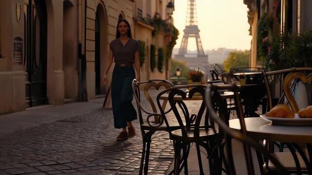 This enchanting video takes you through the charming streets of Paris, featuring a woman walking past quaint cafes with the Eiffel Tower in the background. It's a beautiful glimpse into the magic of c