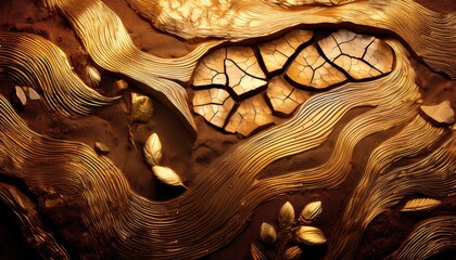 Golden Cracked Earth With Decorative Waves And Plant Fossils Abstract Background