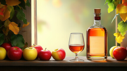 Calvados Brandy and red apples, Still life calvados alcoholic drink and apples. on light background bottle with cork, glass for strong drink surrounded by ripe red and green apples.
