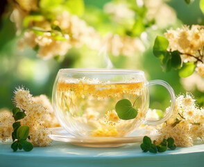 A transparent glass cup linden herbal tea infused with delicate white blossoms and a green leaf, set in soft natural garden scene with sunlight.