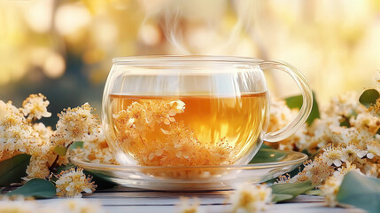 A transparent glass cup linden herbal tea infused with delicate white blossoms and a green leaf, set in soft natural garden scene with sunlight.