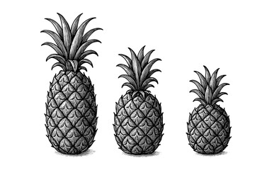 Obraz premium Trio of vintage pineapples in detailed black and white engraving style