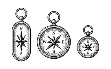 Vintage compass collection: intricate black and white navigational tools © Frodo