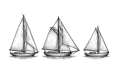 Naklejka premium Detailed nautical boat sketches with sails on white background