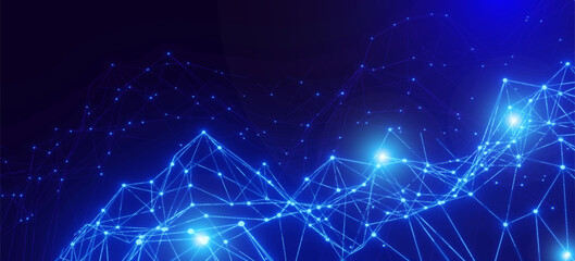 Blue glowing lines with glitter light effect on dark background. High speed internet technology concept or fast wireless data transmission. modern internet network connection technology background