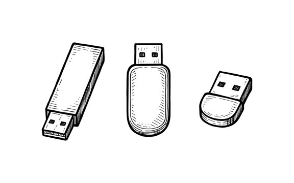 Hand drawn usb flash drive collection in vintage style