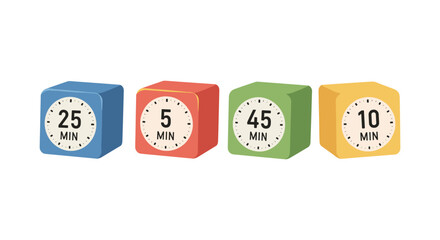 Four colorful cube timers display different minute intervals for time management