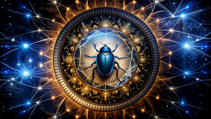 Futuristic beetle in glowing blue and gold circular frame with intricate details and neon lights for technology