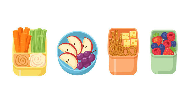 Assortment of healthy and delicious snacks in colorful containers for kids