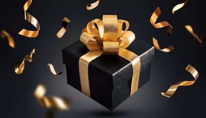 close black matte gift box with shiny gold bow floating elegant luxury present