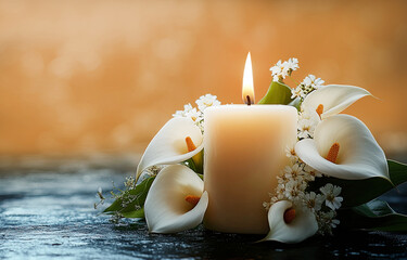 White flowers Calla with candle on black background. Copy space. The concept of estimates, mourning. white lilies calla flower with water droplets beside lit candle.