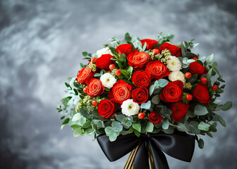 Funeral wreath carnation flowers black ribbon on wooden stand against grey background. Circular floral wreath composed white peach lush greenery