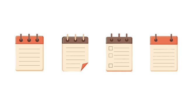 Set of four different notepad icons with spiral binding and lined pages