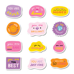 Collection of colorful motivational stickers with positive affirmations and encouraging messages.