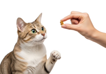 A curious domestic cat with emerald eyes and lifted paw, focused on a treat from a human hand against a blurred white studio background, demonstrating positive pet interaction.